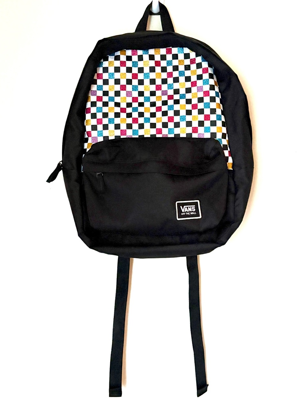 Vans Realm Glitter Checkerboard Backpack Black Multicolor Sparkle School Bag